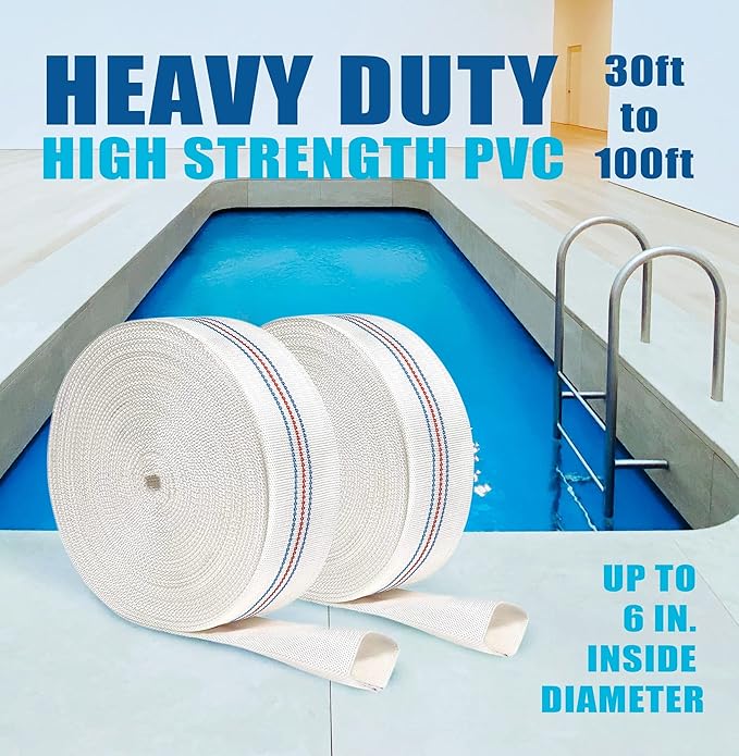 Foresee 3.00 in x 30 ft Backwash Discharge Hose Heavy Duty Reinforced, PVC Lay-Flat Fire Hose (White) with Dual Clamps, for Swimming Pool Pipe, Pump, Water Transfer, Garden Irrigation