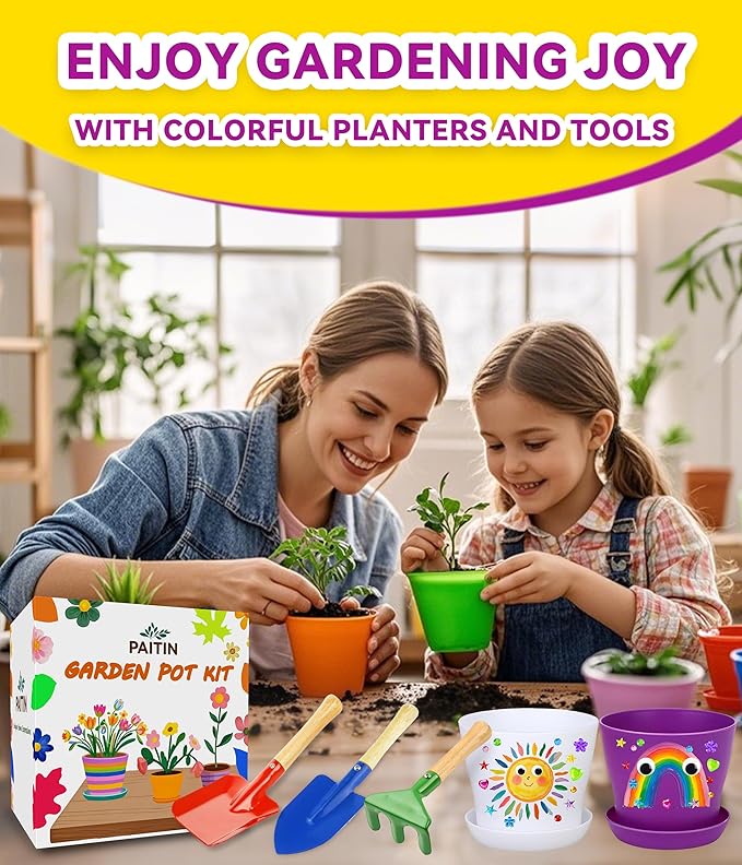 PAITIN Paint & Plant Flower Gardening Kit - 4 Inch Plant Pots, Kids Gardening Tools, Plant Labels, Paints, Brushes, Gem & Eye Stickers - Perfect Gardening Gifts for Women & Kids