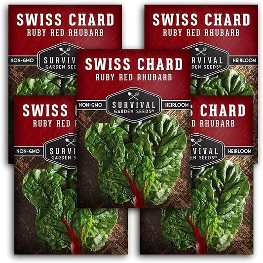 Survival Garden Seeds - Ruby Red Rhubarb Swiss Chard Seed for Planting - 5 Packs with Instructions to Plant and Grow Delicious Leafy Greens in Your Home Vegetable Garden - Non-GMO Heirloom Variety