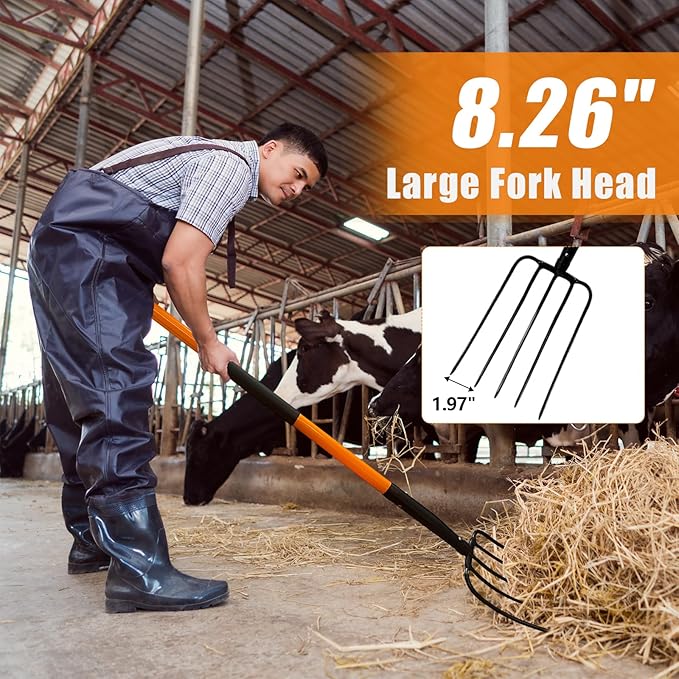 5 Tine Pitchfork for Gardening, Heavy Duty Pitchfork with Fiberglass Handle, Garden Fork for Mulching, 58 Inches