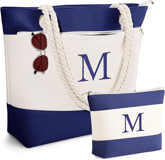 YOOLIFE Beach Bags for Women - Initial Tote Waterproof Bag with Makeup Bag, Mothers Day Gifts for Women Mom Friend Birthday