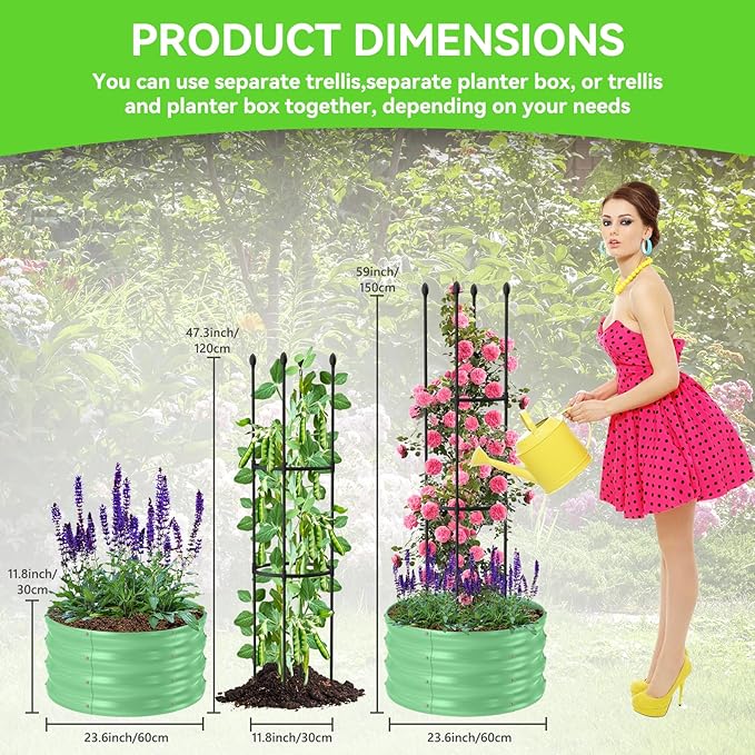 1 Pack Raised Garden Beds Outdoor, Galvanized Metal Raised Garden Bed with Trellis, 23.6x23.6x60in Tomato Cages for Garden Planters Box with Trellis for Climbing Plants Vegetable Vine Flowers