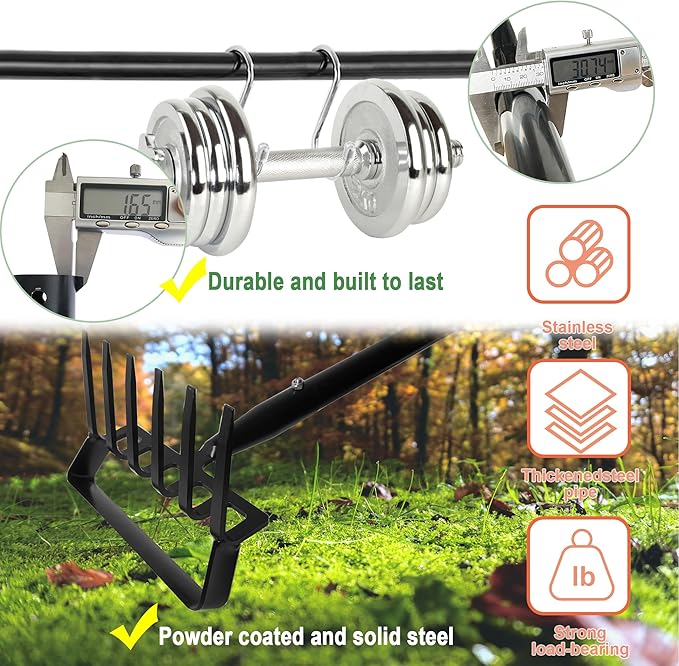4-Tines Rake and Stirrup Hoe - Adjustable Long Handle Scuffle Loop Hula Action Hoe for Weeding, Digging, Loosening Soil, Stainless Steel Tiller Cultivator for Gardening, Raised Flower Beds Planting.