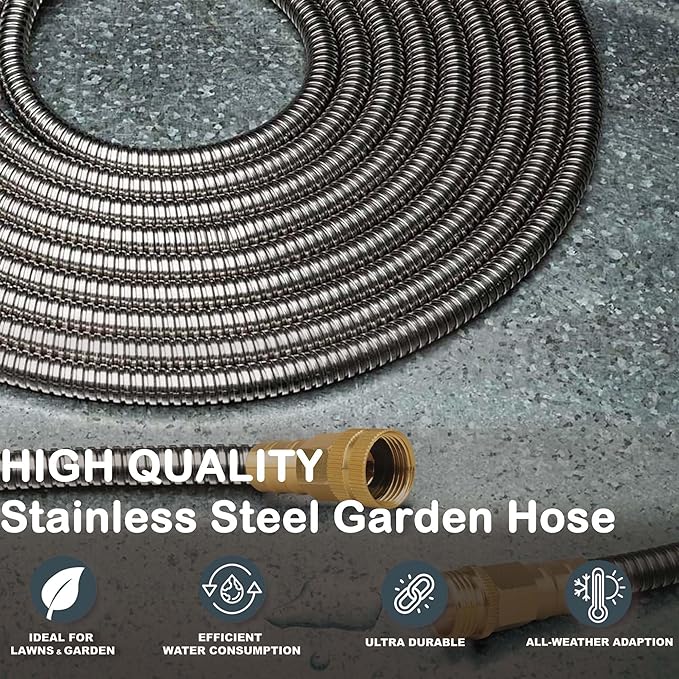 Stainless Steel Garden Hose: Durable Quality Metal with High-pressure Water Output for Gardeners（15FT）