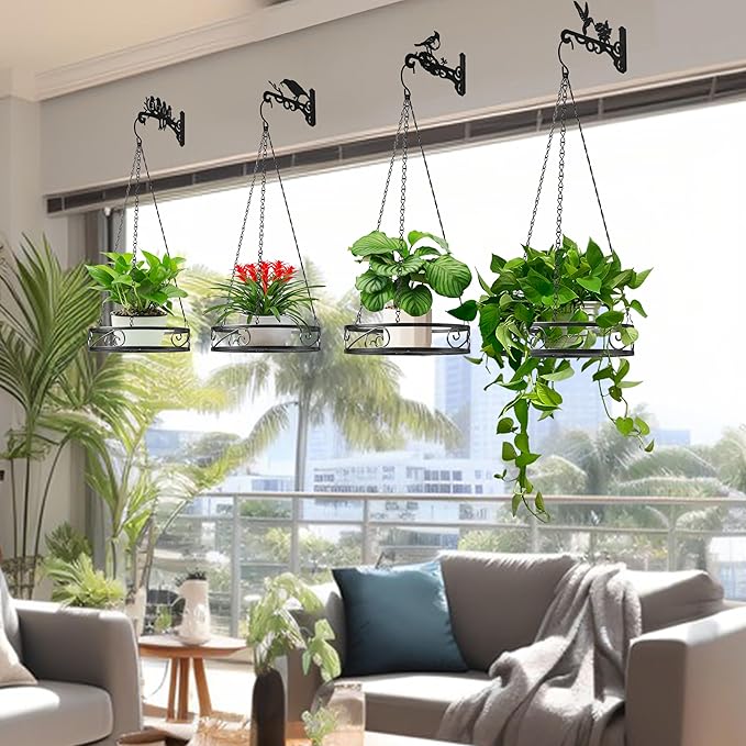 4-Pack Metal Hanging Planters for Outdoor Plants - Heavy Duty Hanging Baskets for Plants Outdoor with Chains and Long Hooks – Aesthetic Hanging Plant Holder for an Instant Indoor and Outdoor Decor