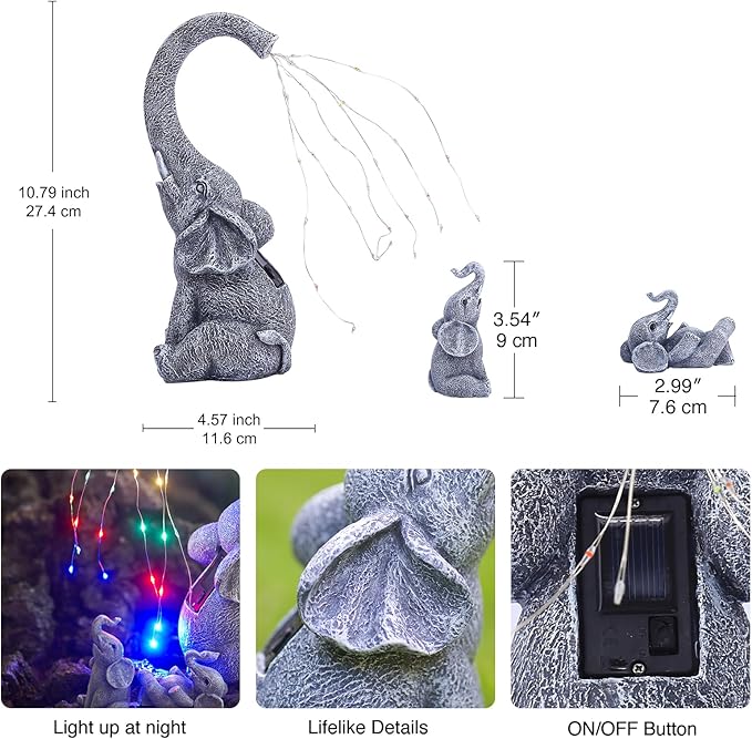 Goodeco Garden Elephant Statue Outdoor - Elephant Gifts with Solar Watering Lights, Siting Elephant Figurine Perfect for Yard, Patio, and Pathway Decor - Ideal Gardening Gifts