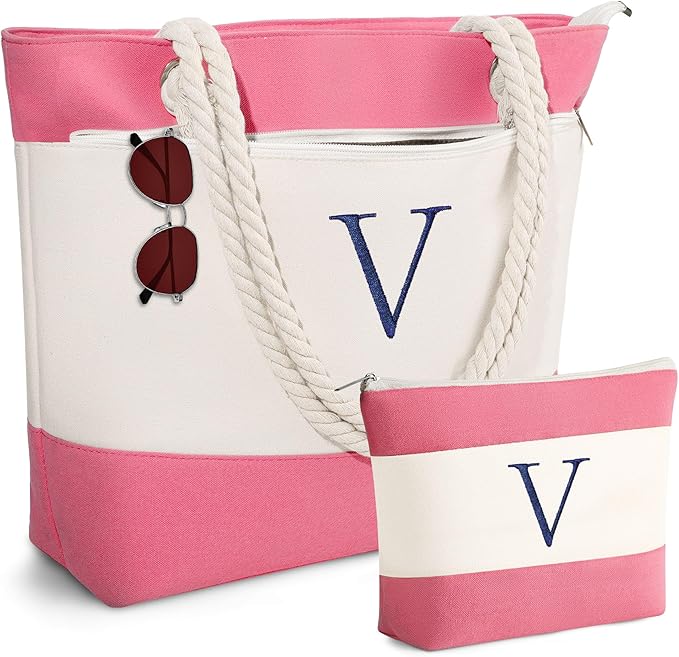 YOOLIFE Beach Bags for Women - Initial Tote Waterproof Bag with Makeup Bag, Mothers Day Gifts for Women Mom Friend Birthday