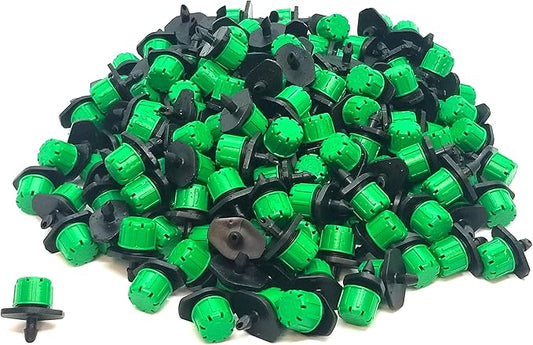 (100-PACK) - 360 Degree 1/4" Inch Universal Barbed Drip Emitter - Adjustable Flow 0-18.5 GPH Fit 1/4 (4-7mm) Drip Irrigation Tubing - Professional Grade Drippers for Drip Irrigation