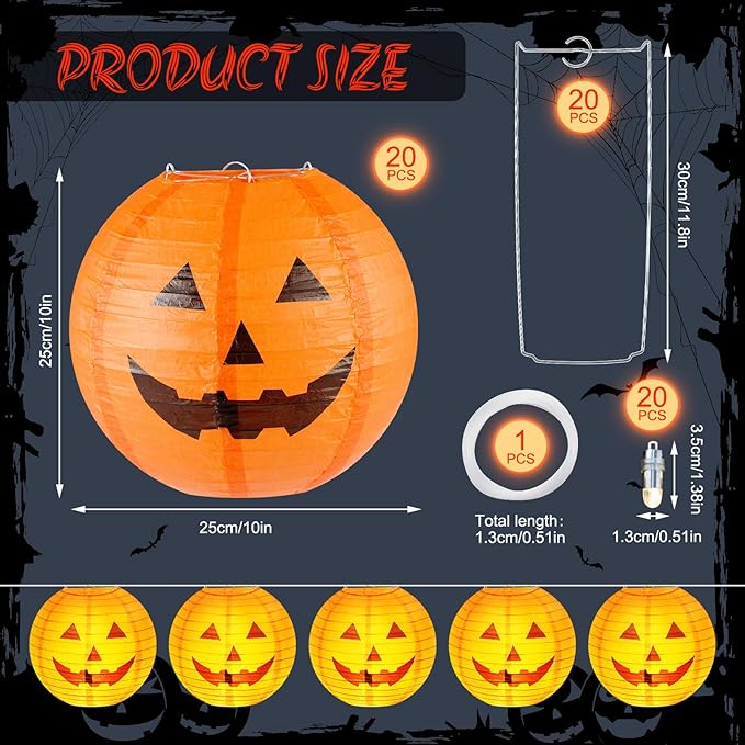 Retisee 20 Pcs 10 Inch Halloween Paper Lanterns Jack O Lantern Pumpkin Halloween Party Decorations Halloween Hanging Pumpkin Decor with Lights Suitable for Indoor Outdoor Yard, Lawn, Garden, Party