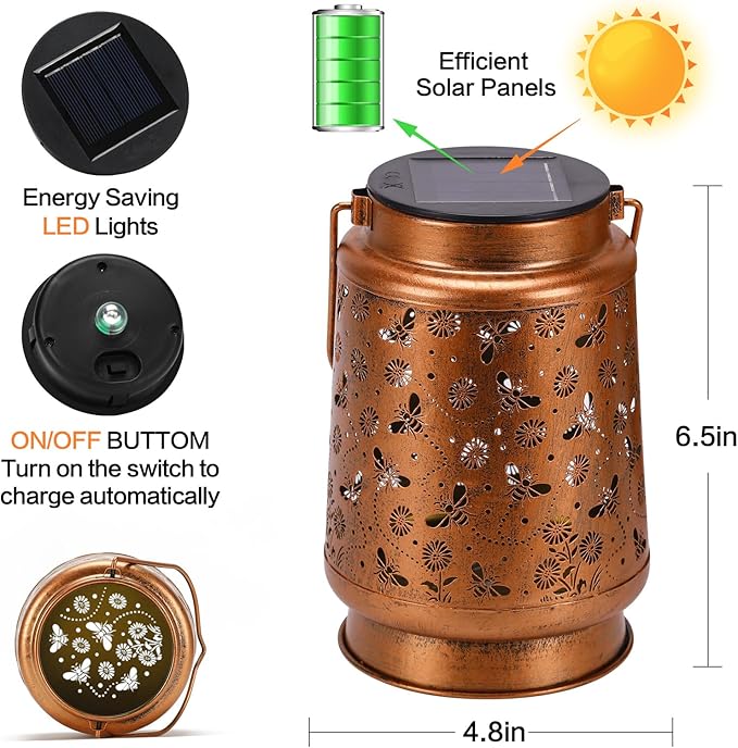 Solar Lanterns Outdoor Waterproof Bee Garden Decor Gifts for Women Mom Grandma Hanging Solar Lights Metal Solar Decoration Outside for Yard, Patio, Backyard, Porch