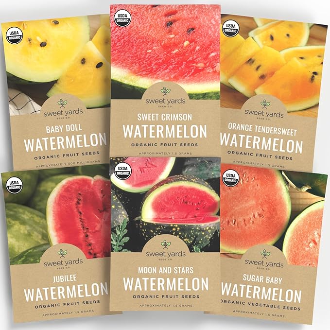 Organic Watermelon Seeds Variety Pack - 6 Individual Packs - 2025 Season - Sugar Baby, Orange Tendersweet, Jubilee and More! for Indoor & Outdoor Planting (Non-GMO, Certified Organic)