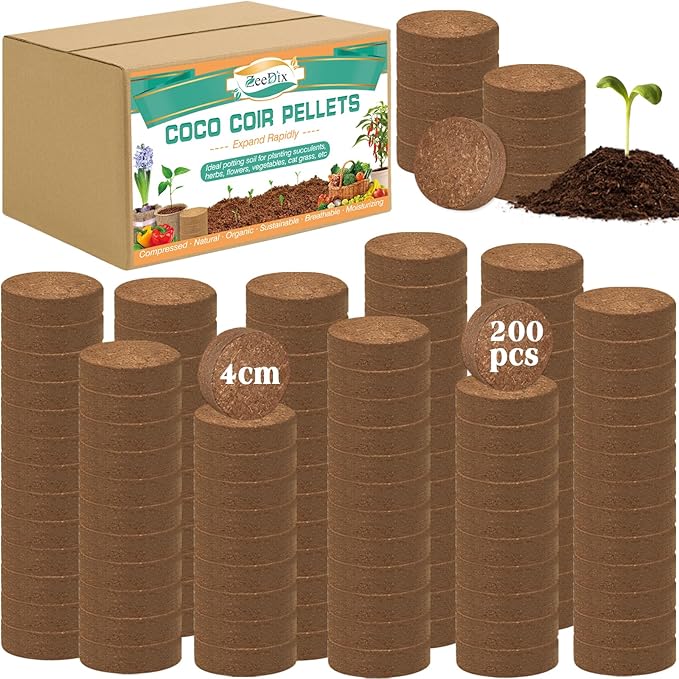 ZeeDix 200pcs(40mm) Coco Coir Pellets Potting Soil Indoor Plants, Compressed Coconut Coir Soil Pellets Seed Starting Pellets Soil Discs for Planting Flowers Bonsai Herbs Plants and Vegetables
