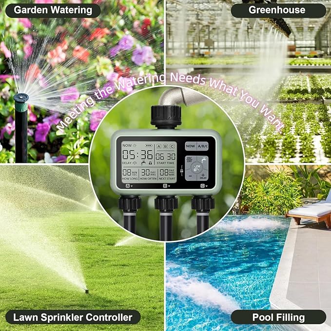 3 Outlet Sprinkler Timer Brass, XinFuture Water Timer, Programmable Garden Hose Timer with Rain Delay, Manual& Automatic Watering System, Waterproof Digital Irrigation Timer for 3 Separate Water Zones