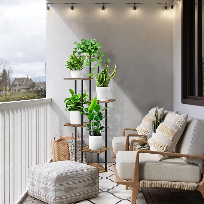 6 Tier Wood Tall Plant Stand Metal Rack Indoor, Multiple Flower Pot Holder Shelves Corner Rack, Planter Shelf Display Rack Storage Organizer for Patio Living Room Balcony Garden(Black)