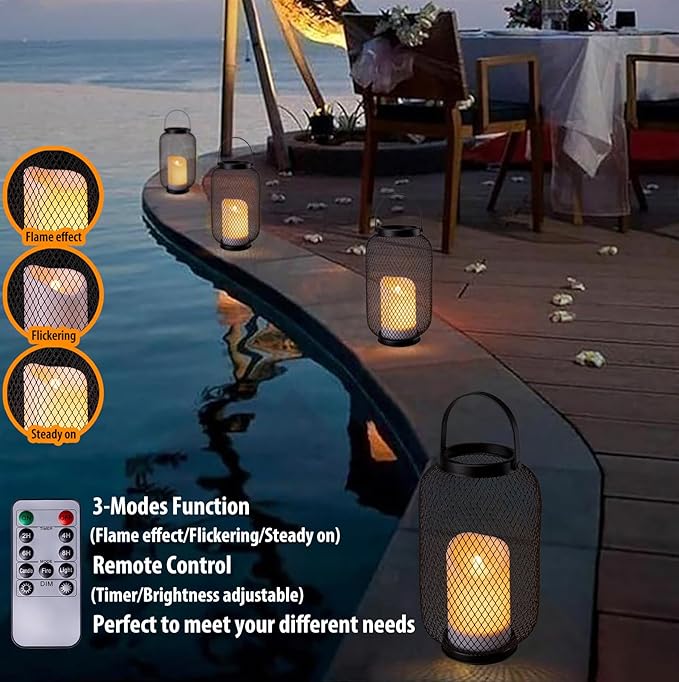 Solar Lanterns Outdoor Waterproof, Flickering Flameless Candle Hanging Lantern, Rechargeable Table Lantern for Patio with Timer Dimmer, Decorative Lamp for Outside Garden Porch or Indoor Decor-2Pack