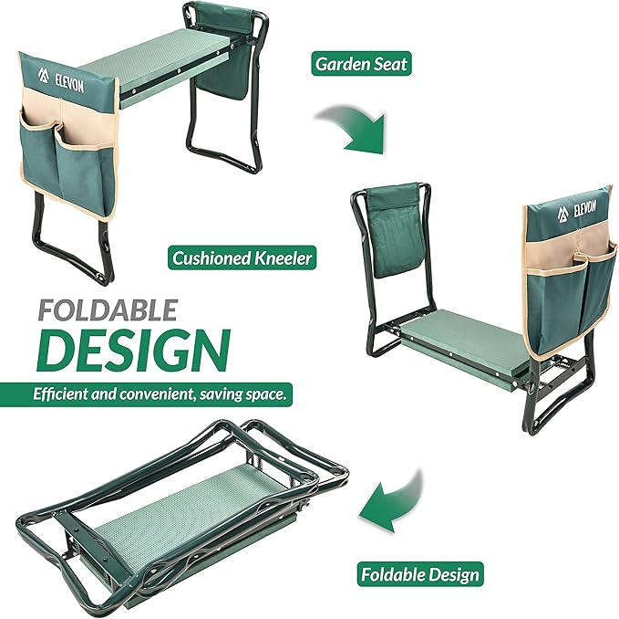 Elevon Portable Garden Kneeler and Seat Heavy Duty Garden Bench with 2 Large Tool Pouches Prevent Knee & Back Pain Folding Sturdy Gardening Tools Gifts for Gardeners