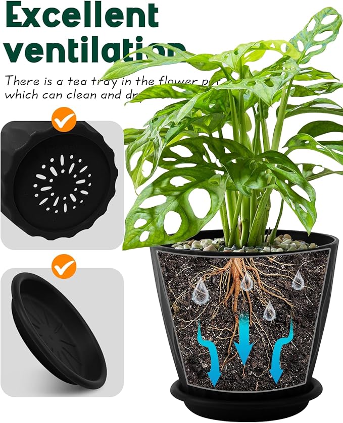 6 Inch Indoor Planter Pots with Drainage Hole and Tray Saucer,Flower Pots for Indoor Outdoor Garden Plants and Flowers, Multicolor, 5 Packs (Black)