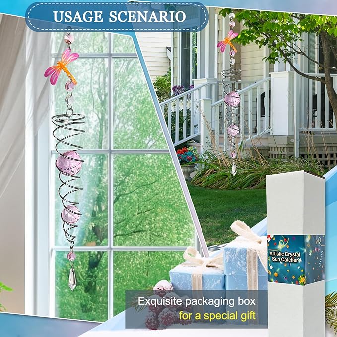 FONMY Dragonfly Gazing Ball Spiral Wind Spinner Sun Catcher Rainbow Maker Silver Spiral W/Pink K9 Crystal Ball Tree Hanging Ornament Indoor Outdoor Garden Decor. 19.5inch H