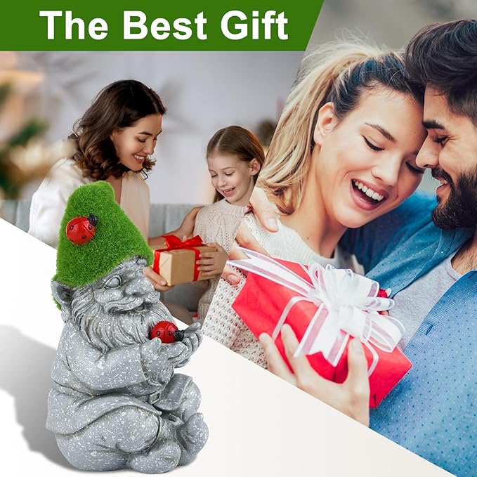 Solar Gnomes Garden Statues, Outdoor Lighted Gnome with Ladybugs Garden Decor Waterproof Figurines for Patio Porch Balcony Yard Lawn Lantern, Yard Art Decorations Gifts for Garden Patio Lawn