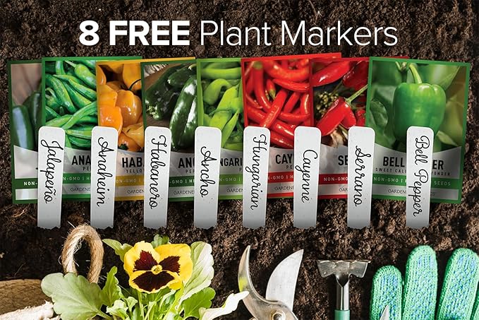 Gardeners Basics, Pepper Seeds for Planting 8 Varieties Pack, Jalapeno, Habanero, Bell Pepper, Cayenne, Hungarian Hot Wax, Anaheim, Serrano, Cubanelle Heirloom Seeds for Planting in Garden Non GMO