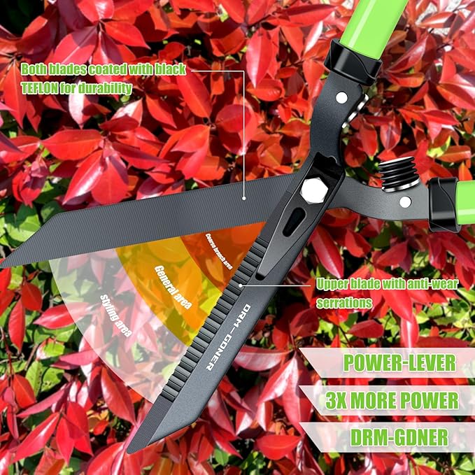 Garden Hedge Shears Heavy Duty,23" Manual Hedge Clippers with New Tech Serrated Blade & Dual Shock Absorbing Cushion,Shears Gardening Tools