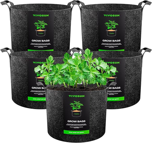 VIVOSUN 5-Pack 1 Gallon Heavy Duty Thickened Nonwoven Fabric Pots Grow Bags with Handles