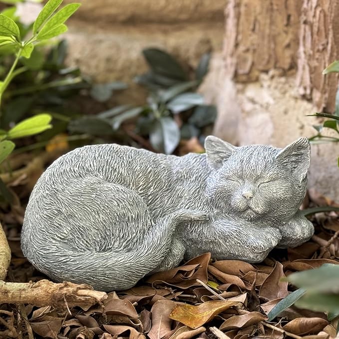 Cat Garden Statue Decoration, Memorial Stone Peaceful Sleeping Figurine for Patio Lawn Porch, 11.5" Cat Memorial Statue Grave Markers and Loss Pet Sympathy Gift