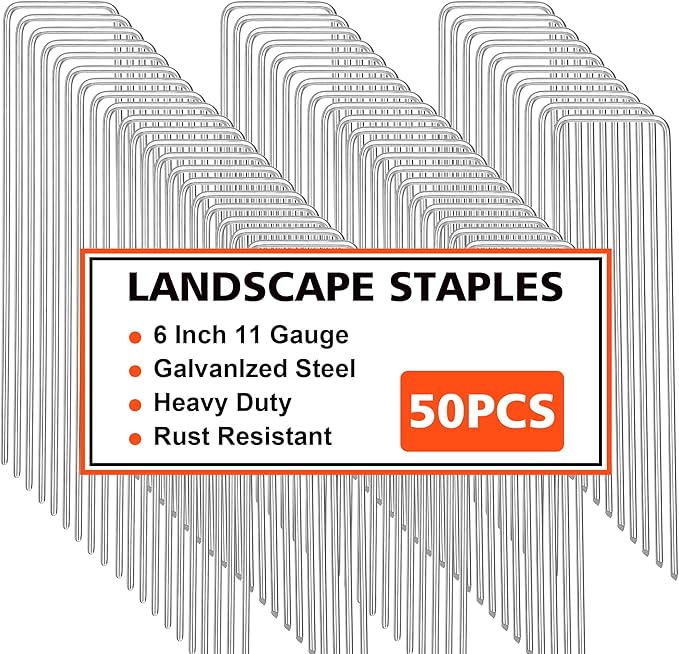 Landscape Staples, 50 Pcs Galvanized Garden Stakes, U-Shaped Tent Stakes, 6 Inch 11 Gauge Plant Cover Stakes, Anti-Rust Ground Sod Pins Yard Stakes for Landscape Weed Barrier Irrigation Tubing