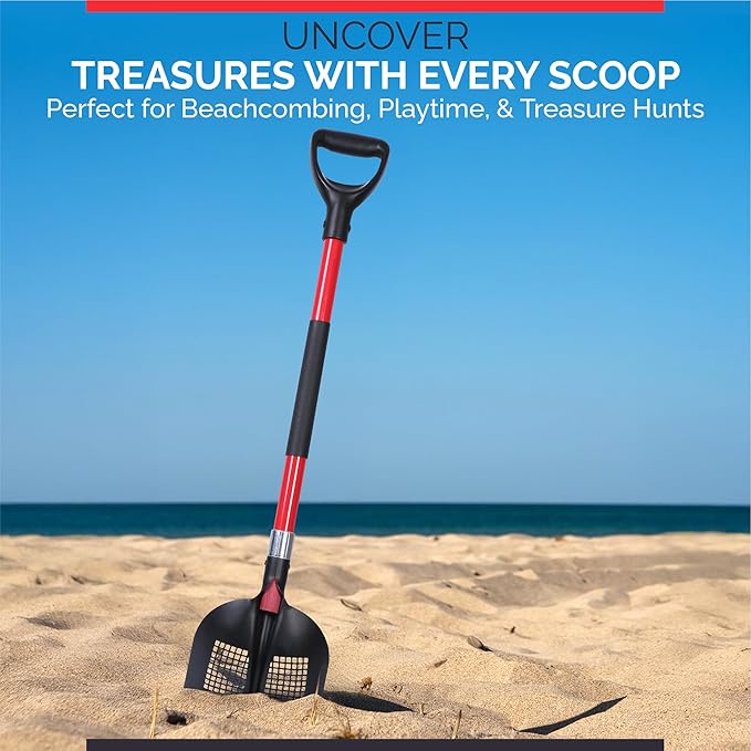 Sand Sifting Shovel Heavy-Duty for Metal Detecting, Gardening, Cat Litter Chicken Coop Poop Cleaning and Beach Play - Durable Metal Mesh Scoop with Ergonomic Handle