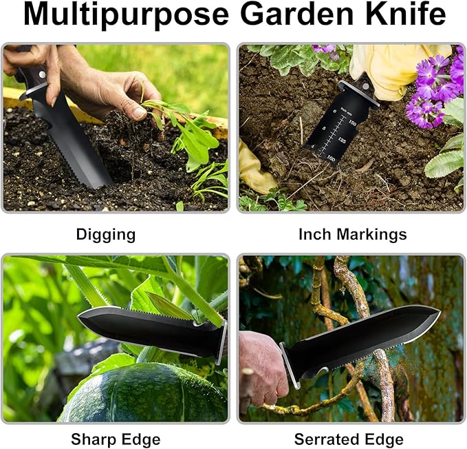 Hori Hori Garden Knife + Oxford Sheath, Gardening Hand Tool Weeding Knife for Weeding Planting Digging, Inch Markings, Serrated Edge Blade, Guard Plate, Metal Rivet Wooden Handle, Hanging Hole