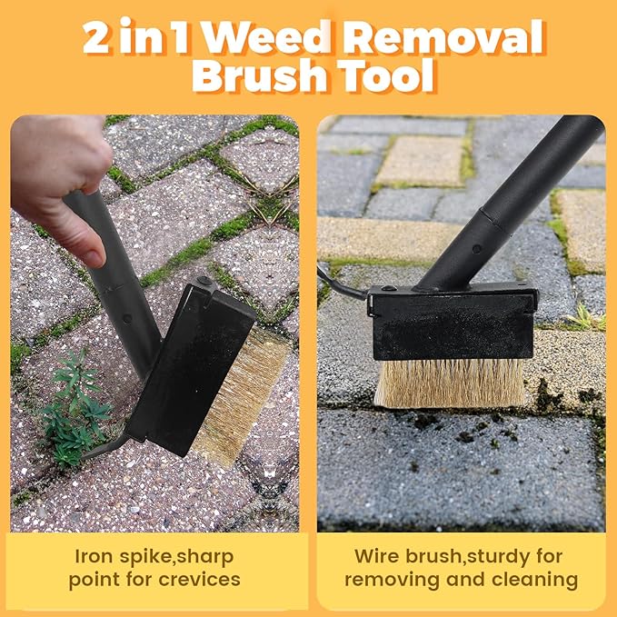Moss Killer Weed Puller Tool for Crevice Weeding with 73.2inch Long Adjustable Handle, 2 in 1 Crack Weeder Moss Grout Remover Brush, Manual Weed Remover Tool for Driveway Deck Paver Patio Walkway