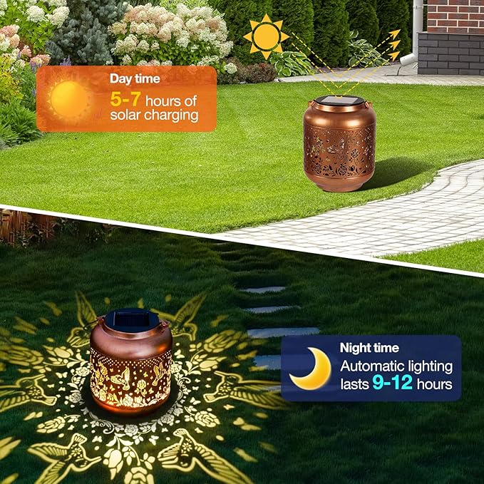 Solar Lanterns Outdoor Waterproof, Hummingbird Solar Lights Outdoor, Garden Decor Hanging Metal Lantern, Garden Lights for Yard/ Patio/Porch/Lawn, Decorative Gifts for Mom/Women