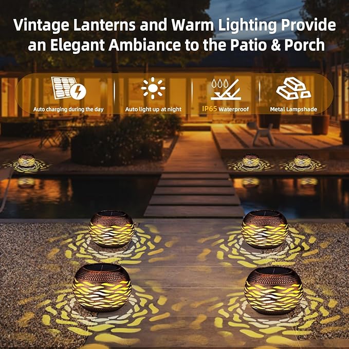 Waterproof Solar Lanterns Outdoor 2-Pack - Retro Metal Hollow-Out Garden Lights, Outdoor Yard Garden Porch Patio Lawn Inside Tabletop Decorations Unique Gardening Gifts for Women, Mom, Mother's Day