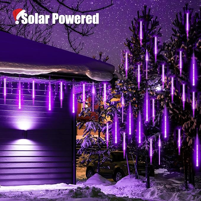 Purple Solar Meteor Shower Lights, 116 Inches 20 Tube 720 LED With 16 Tubes, Icicle Fairy String for Christmas Decorations Tree Party Yard