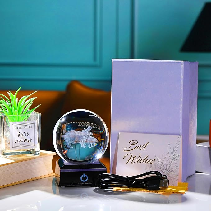 Qianwei Hippopotamus Gifts for Women 3D Crystal Ball 3.14'' - Laser Hippopotamus Decor Glass Animals Hippo Gifts Figurines Statue Stuff for Room Decorations Hippo Night Light