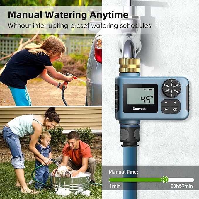 Hose Timer with Brass Inlet & Outlet, Water Timer for Garden Hose Faucet, Sprinkler Timer Outdoor, Irrigation Timer with Rain Delay/Manual for Garden/Outdoor Hose, Yard, Lawns, 1 Outlet