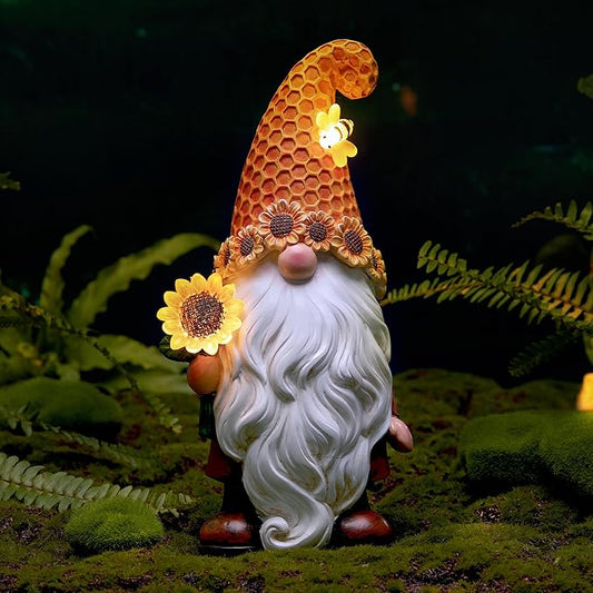 Garden Gnomes Outdoor - Sunflower Gnome Statue with Solar LED Lights for Yard, Patio, Lawn Ornaments - Best Garden Gifts for Mothers Day, Housewarming, Festival