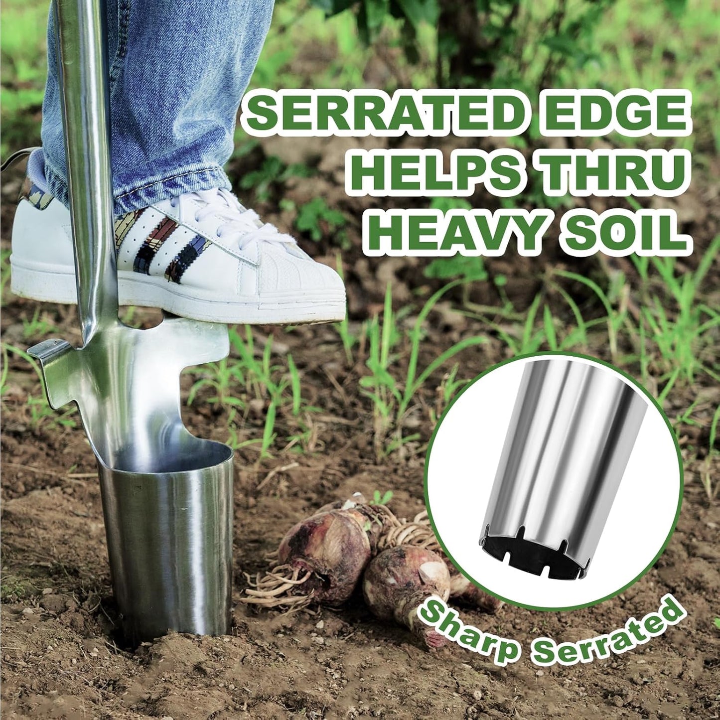 Long Handled Bulb Planter Tool, 37'' Bend-Proof Stainless Steel Bulb Planter, 4'' Depth Marks Long Handled Hole Digger, Bulb Planter with Comfortable T-Shaped Long Wood Handle for Planting Tulips