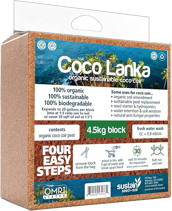 Organic Coco Coir by Coco Lanka - 10lb/4.5KG Compressed Coco Coir Block with Low EC and pH Balance - High Expansion for Flowers, Herbs, and Planting - Renewable Coconut Soil