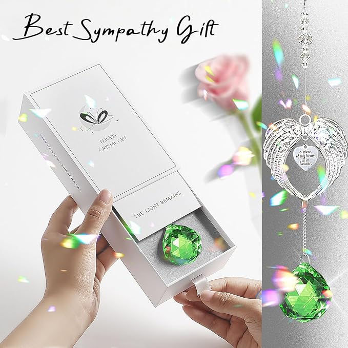 Sympathy Gift Modern Grief Gift for Lose of Loved Ones, Memorial Suncatcher with 40mm Crystal Ball, Sorry for Your Lose Rainbow Maker, Bereavement Gift Idea Angel Wings Design, Green