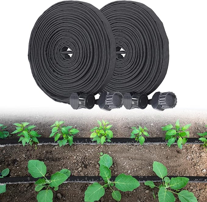 Soaker Hose 100FT for Garden Beds - 3/4" Heavy Duty Double Layer Drip Irrigation Hose, Save 85% Water- Linkable Flat Soaker Hose for Lawn Flower Bed Vegetable Field Effective Watering (50FT x 2Pack)