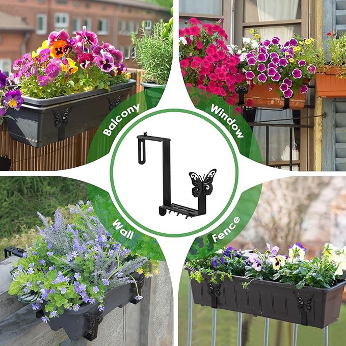 Planter Box Brackets, Adjustable Window Boxes Planters Brackets with Butterfly, Hanging Flower Box Stand Hooks for Deck Railing Pergola Balcony Garden - 4 Pack