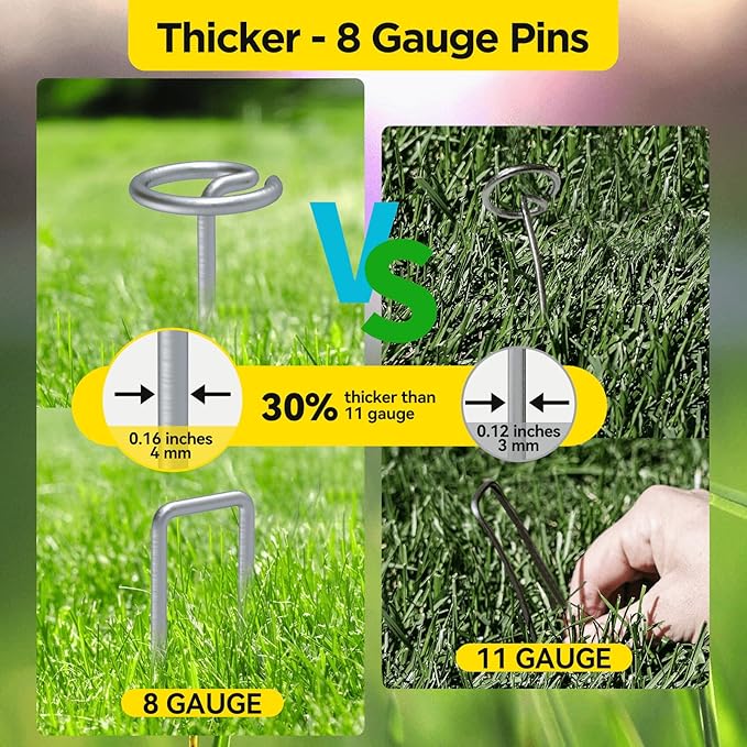 Landscape Fabric Pins Combo - 8 Inch Circle Top Pins & U-Pins, Thicker 8 Gauge Galvanized Weed Barrier Staples, Wider 1.5-Inch Top Garden Support Stakes (20 Circle Top+20 U Shape)