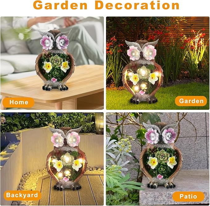 Owl Garden Statue,Solar Garden Statues with Flower LED Lights, Resin Owl Figurine for Lawn Patio Porch Yard Deco Gifts for Women/Mom/Grandma