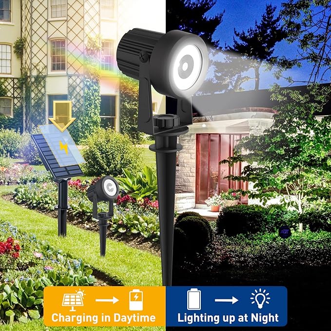 T-SUNUS Solar Spot Lights Outdoor White 4 Pack 6000K, IP65 Waterproof Landscape Spotlights with Separate Solar Panel & 9.8ft Cable Auto On/Off for Flag Pond Trees Driveway Garden Pathway Pool Area