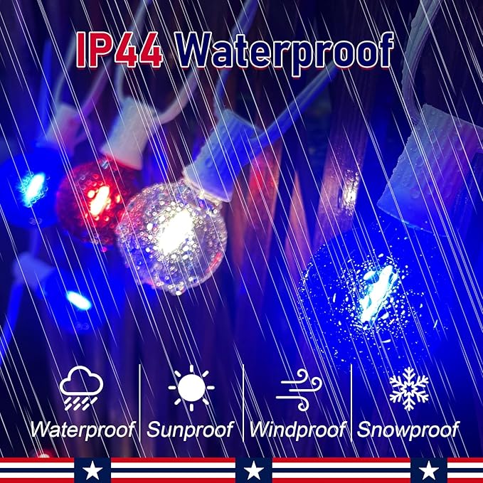 25Ft Independence Day LED String Lights, Waterproof Patio Light with 25 G40 LED Clear/Red/Blue Bulbs, Connectable Hanging Independence Day String Lights for Indoor Outdoor Garden Backyard Porch
