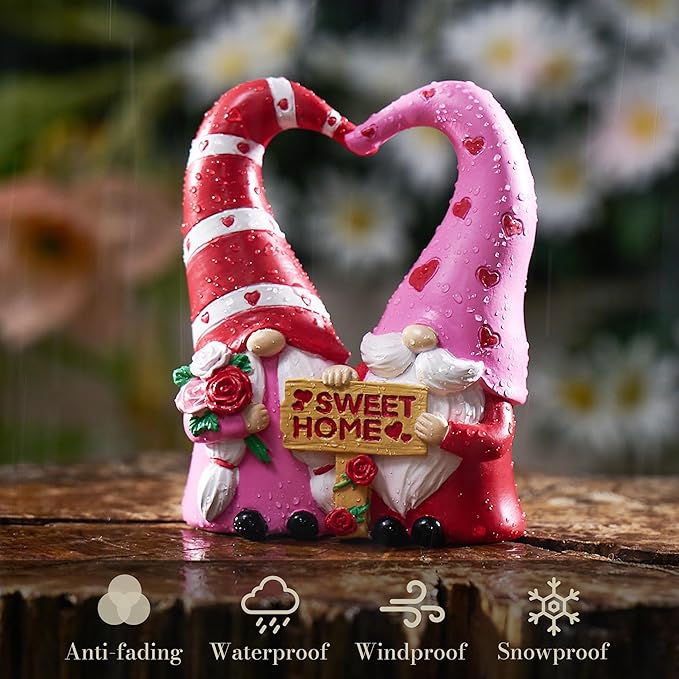 TERESA'S COLLECTIONS Garden Gnomes Outdoor Decor, Resin Heart-Shaped Pink Cute Gnome Couple Decorations for Home, Garden Decor Love Gifts for Women, 4.3"