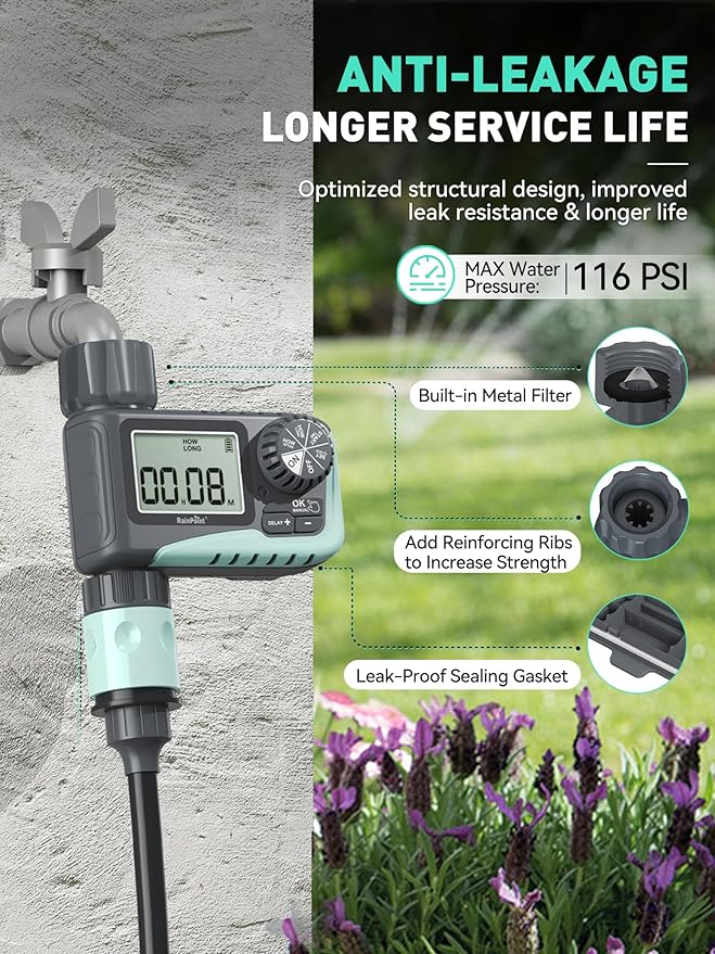 RAINPOINT Sprinkler Timer, Programmable Water Timer for Garden Hose, Outdoor Soaker Hose Timer with Rain Delay/Manual/Automatic Watering System, Digital Irrigation Timer for Yard, Lawn, 1 Outlet
