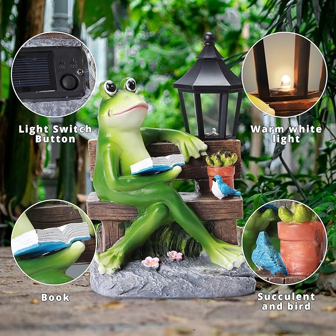 Outdoor Resin Reading Frog Statues, Solar Frog Garden Statues, Garden Frogs Outdoor Decor for Lawn, Balcony, Yard Decoration, Frog Gifts for Mom, Grandma, Wife