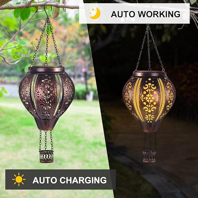 pearlstar Hot Air Balloon Solar Lantern Outdoor Waterproof Hanging Solar Light Decorative for Porch Shed Fence Patio Yard Garden Lighting, Gardening Gift for Women Mom, Morocco